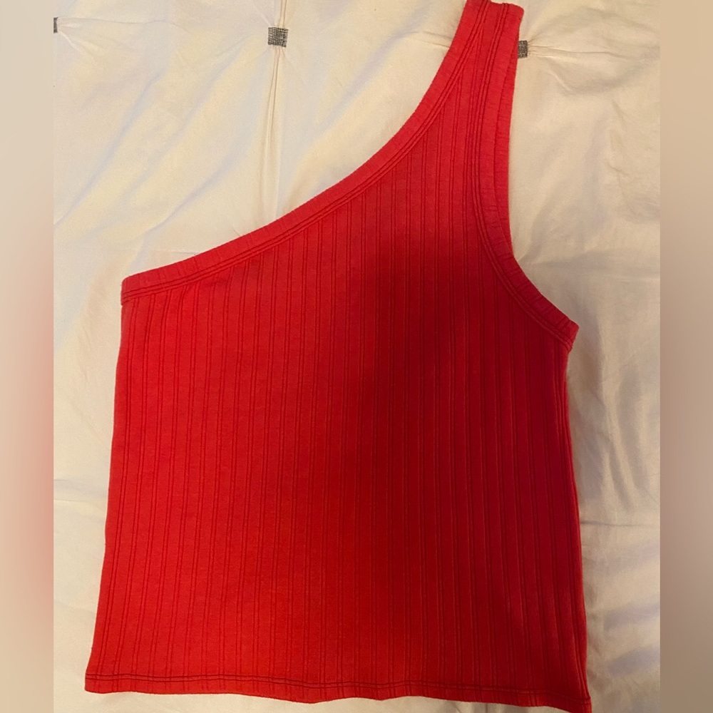 One shoulder coral red tank top